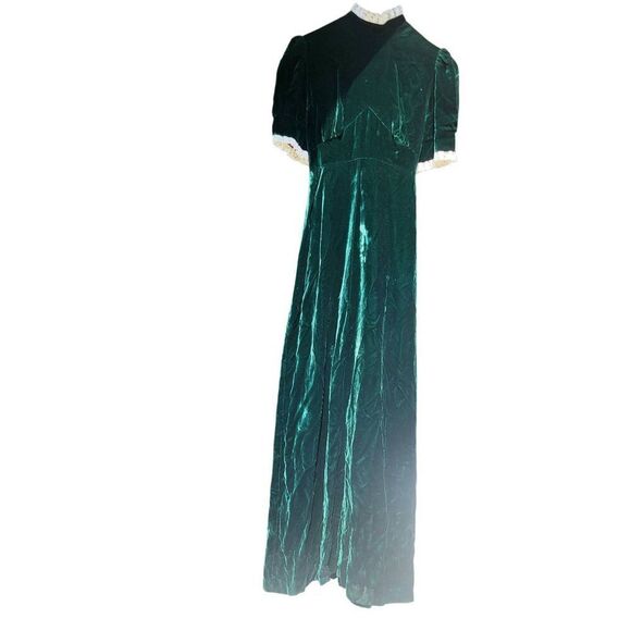 Vintage 1970s Dress Women's XS Green Emerald Velvet Long Maxi Lace Tie Waist - Picture 4 of 9